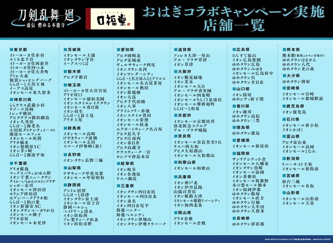 口福堂×刀剣乱舞！販売対象取扱い店舗一覧おはぎの宴クリアファイル